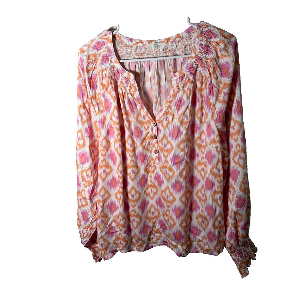 Destination 365 Blouse Women's Medium Colorful Orange Pink Popover Top